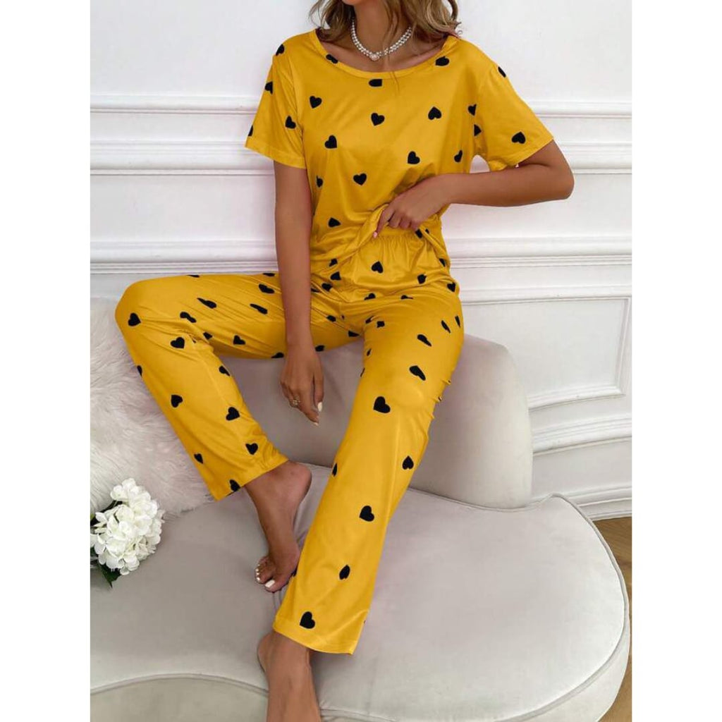 Yellow With Black Hearts Print Half Sleeves T-shirt With Hearts Printed Trouser Suit