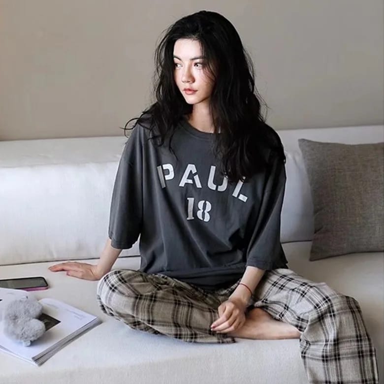 Grey Half Sleeves Paul Printed T-shirt With Check Trouser Suit