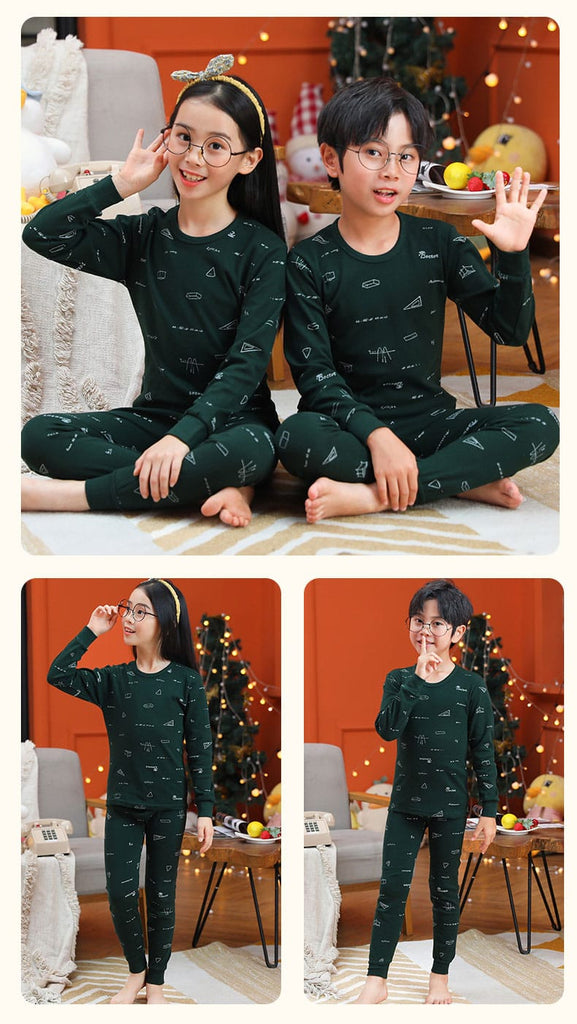 Baby Or Baba Dark Green Printed Full Sleeves T-shirt With Printed Pajama Night Suit for Kids