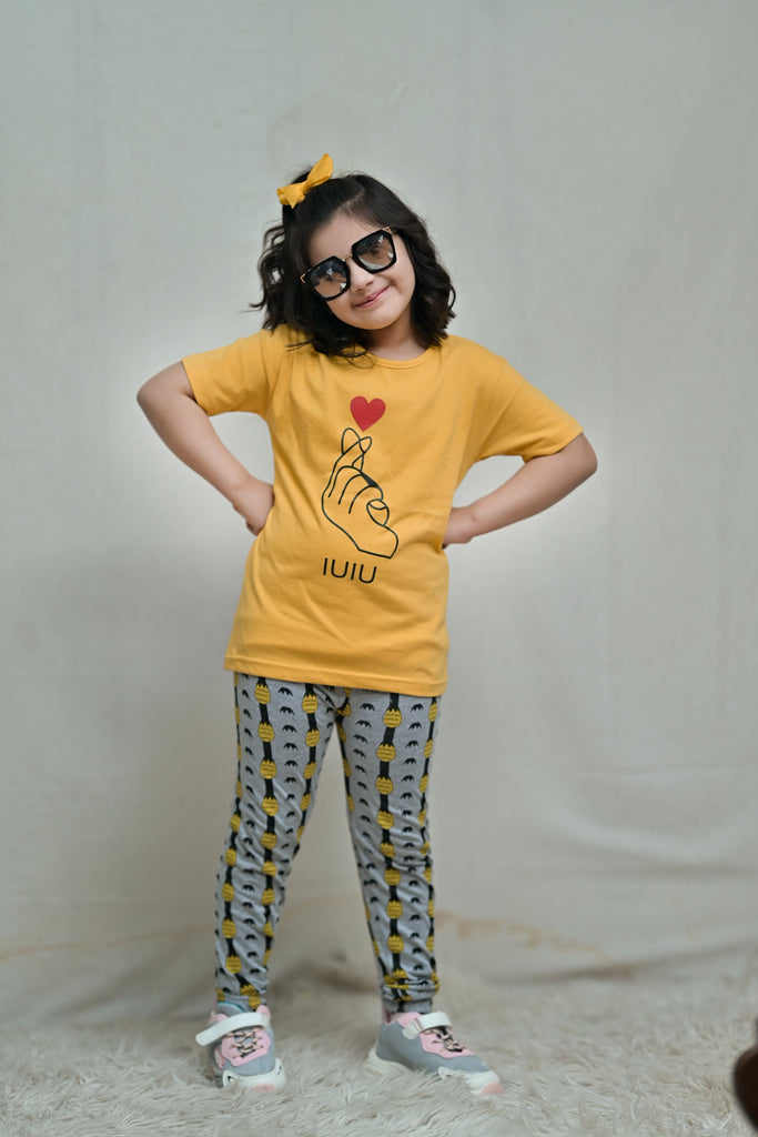 Baby Or Baba Yellow Hand Print Half Sleeves T-shirt With Pineapple Printed Pajama Night Suit for Kids