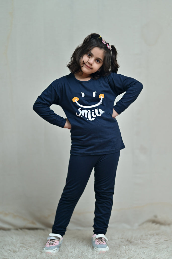 Baby or Baba Navy Blue Smile Print Night Suit for Kids