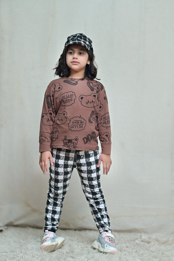 Baby or Baba Brown Dog with Check Pajama Print Full Sleeves Night Suit for Kids