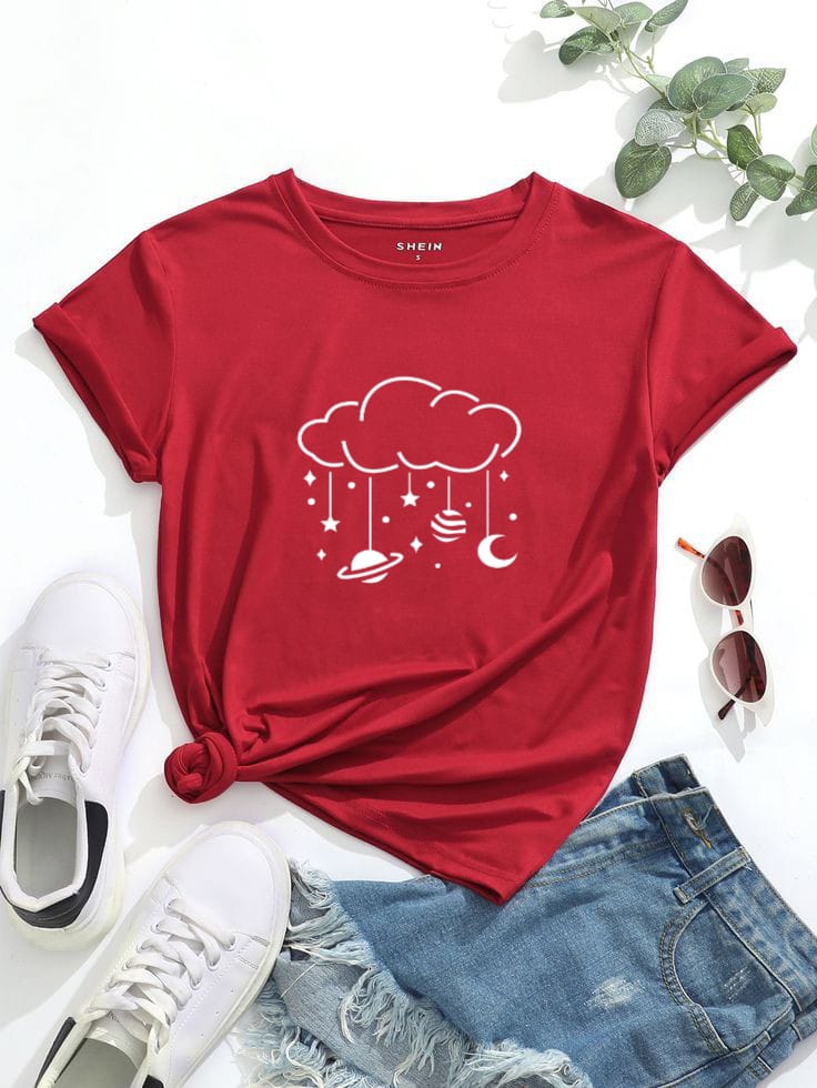 Drop Shoulder Red T-Shirt with Printed Cloud?Unisex
