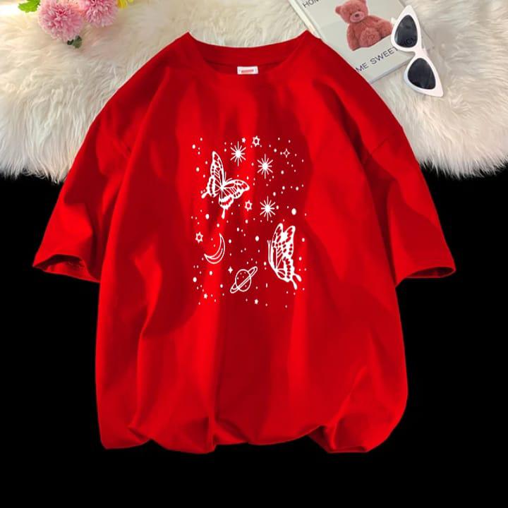 Drop Shoulder Red T-Shirt with Printed Butterfly?Unisex