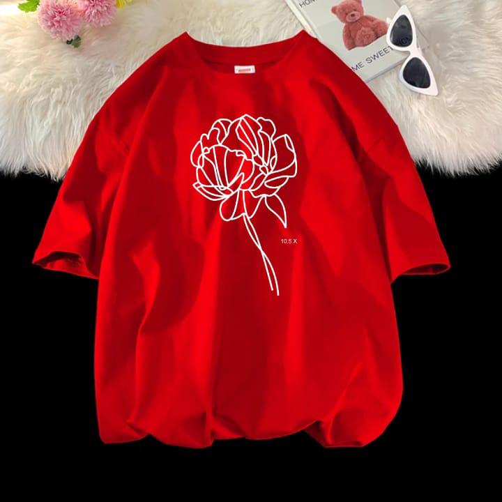 Drop Shoulder Red T-Shirt with Printed Rose?Unisex