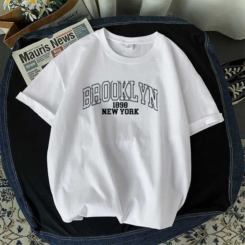 Drop Shoulder White T-Shirt with Printed Brooklyn Newyork?Unisex