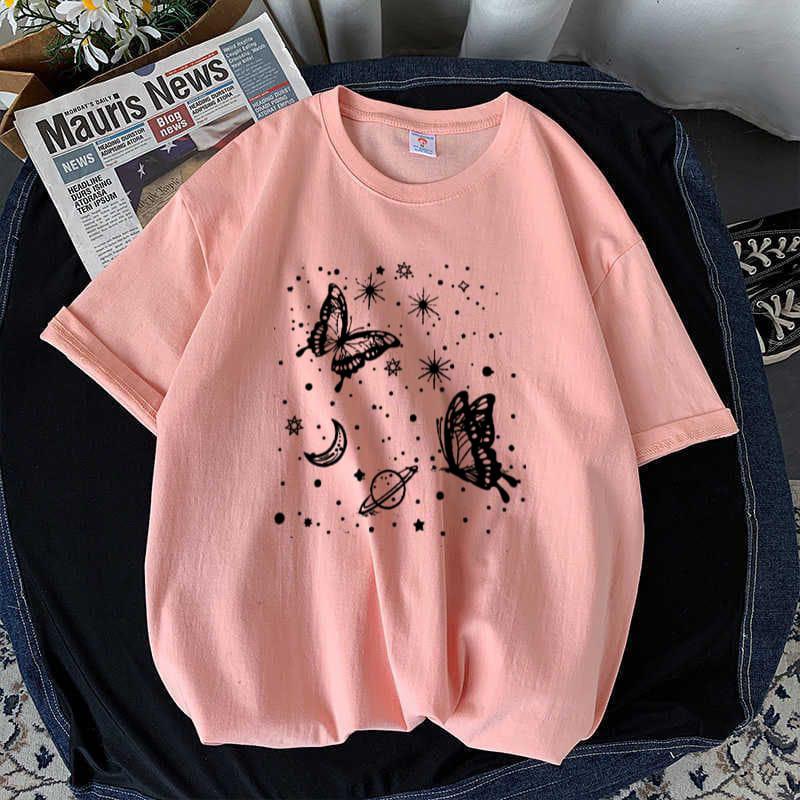 Drop Shoulder Peach T-Shirt with Printed Butterflies?Unisex