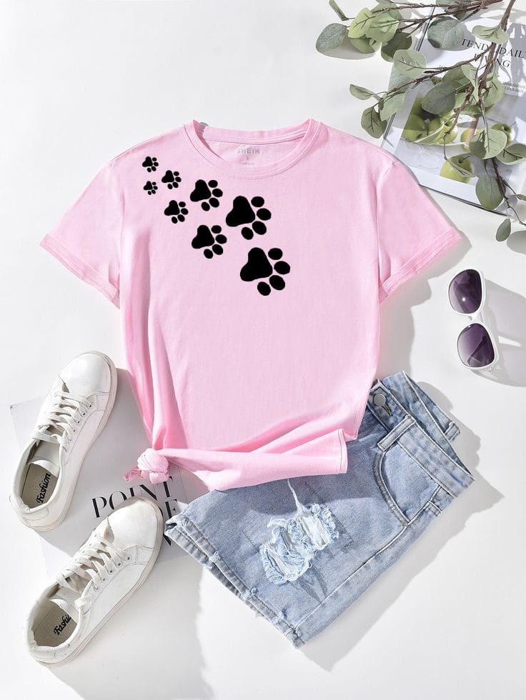 Drop Shoulder Baby Pink T-Shirt with Printed Paws?Unisex