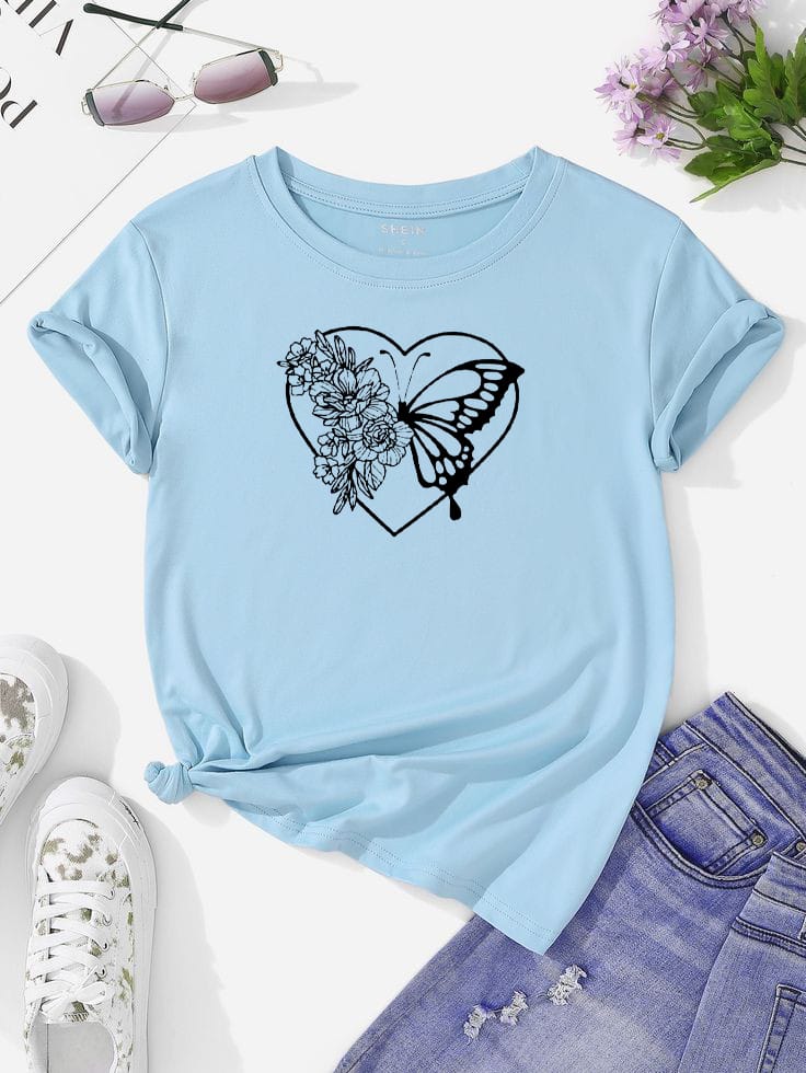 Drop Shoulder Light Blue T-Shirt with Printed Heart?Unisex