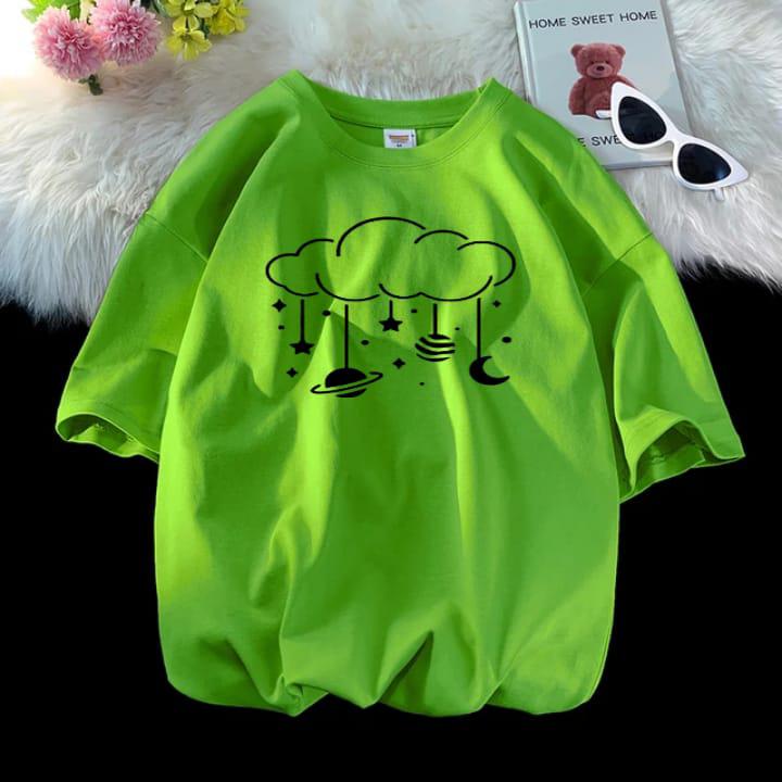 Drop Shoulder Green T-Shirt with Printed Clouds?Unisex