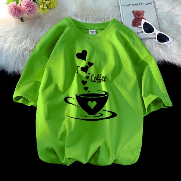 Drop Shoulder Green T-Shirt with Printed Coffee?Unisex