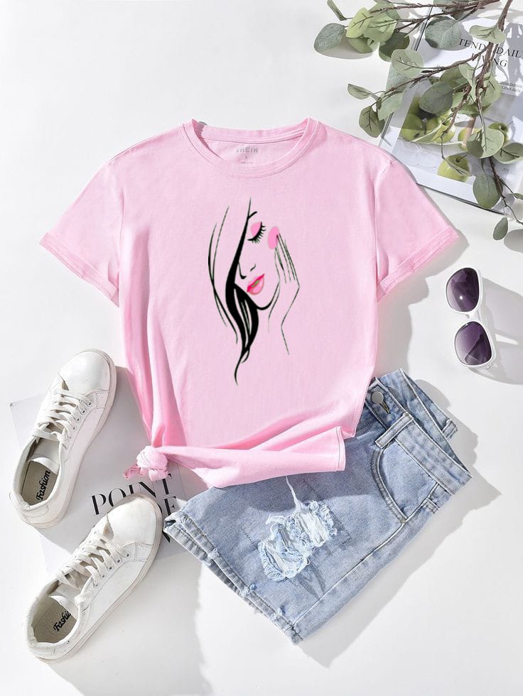 Drop Shoulder Baby Pink T-Shirt with Printed Girl?Unisex