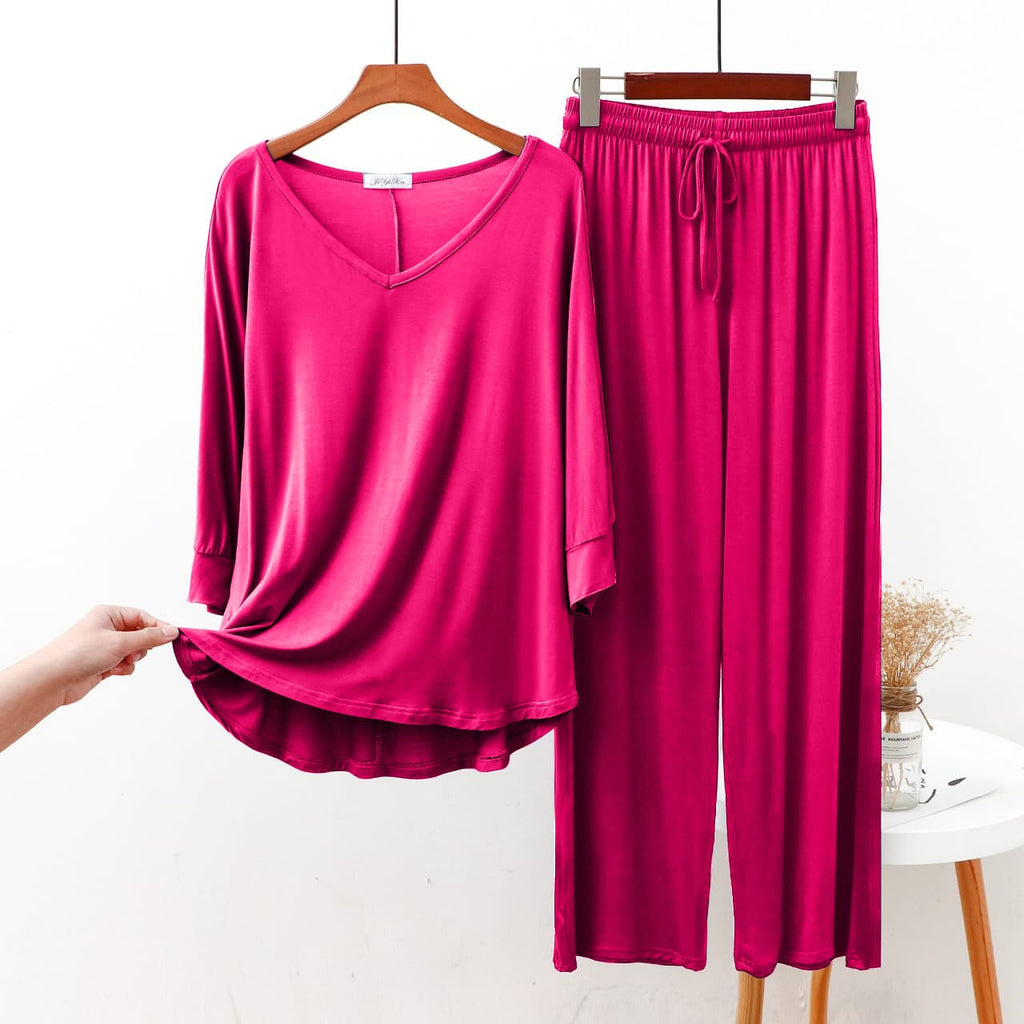 Shocking Pink V Neck with Palazzo Style Pajama Full Sleeves Suit for Her