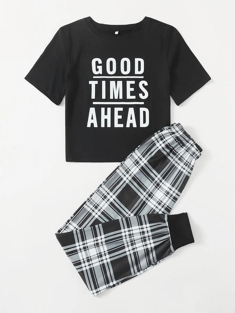 Black Good Things Ahead Printed Half Sleeves T-shirt With Check Printed Trouser Suit